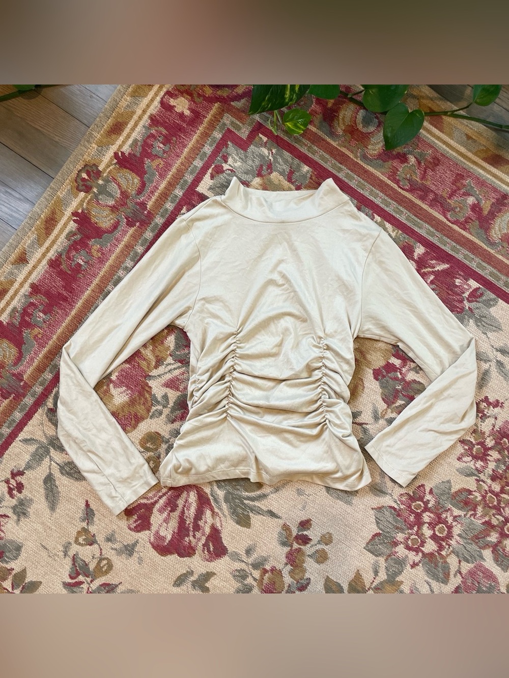 Love ❤️ Light Camel Ruched Long-Sleeve Top With Mock Neck and Tulip Hem